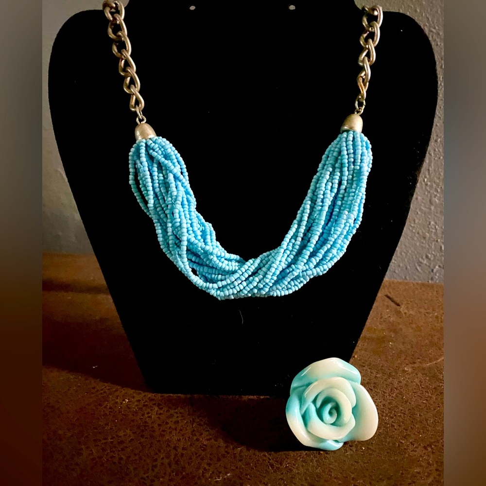 Vintage Kenneth Cole Baby Blue Beaded Necklace and Rosebud Ring